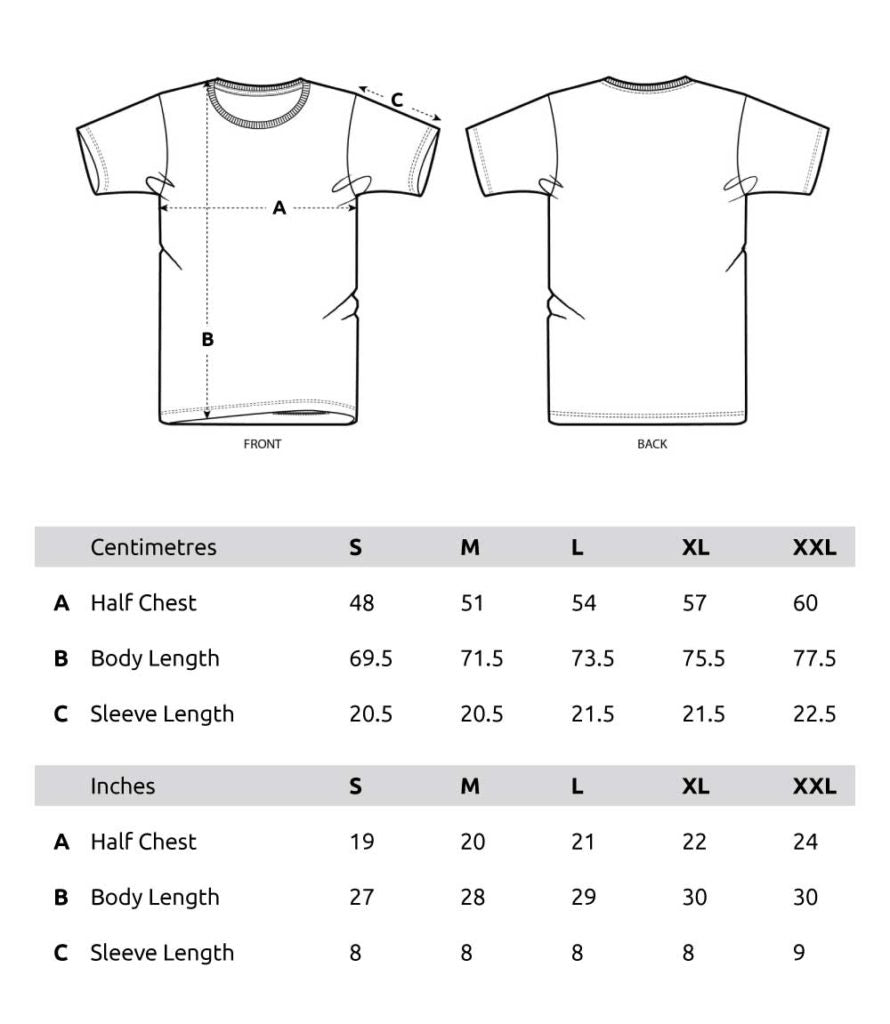 Warpmats t-shirt size chart